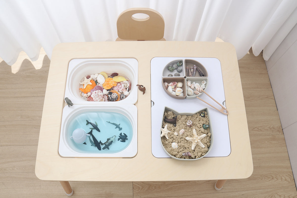 Wooden Sensory Creative Table with 3 Foldable Storage Bins and a Wooden Chair