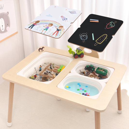 Wooden Sensory Creative Table with 3 Foldable Storage Bins and a Wooden Chair