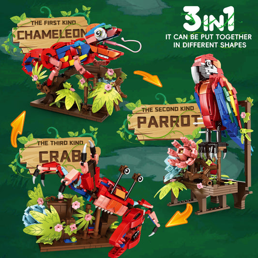 Parrot & Crab & Chameleon Model Kids Transform Animal 3 in 1 Building Block Set Plastic ABS Toys Animal