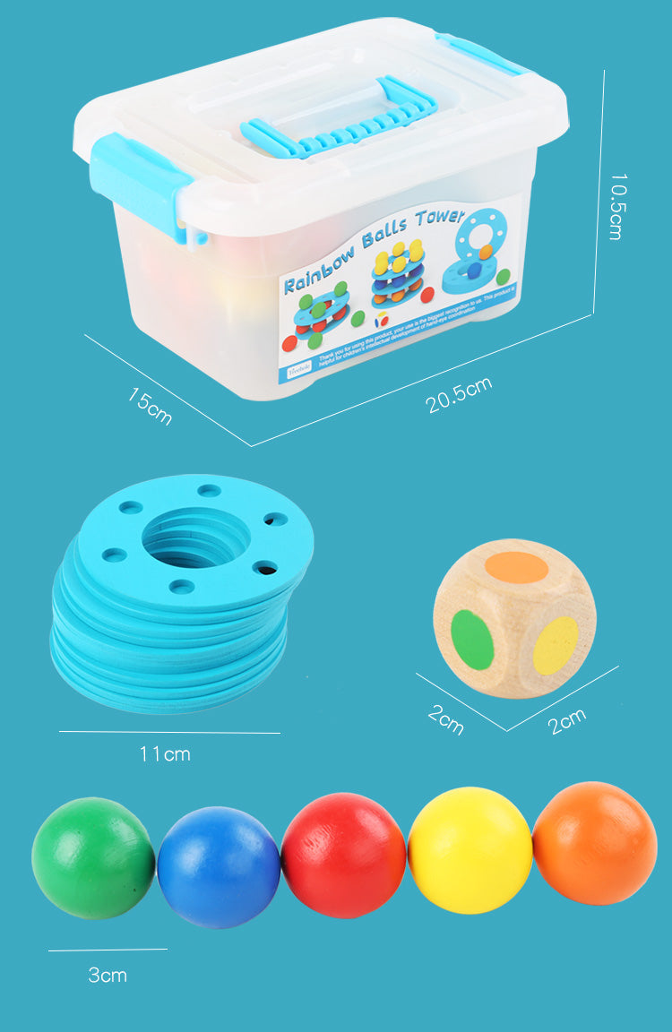 Wooden Rainbow Balls Tower Stack, Color Cognition and Hand-Eye Training Toy
