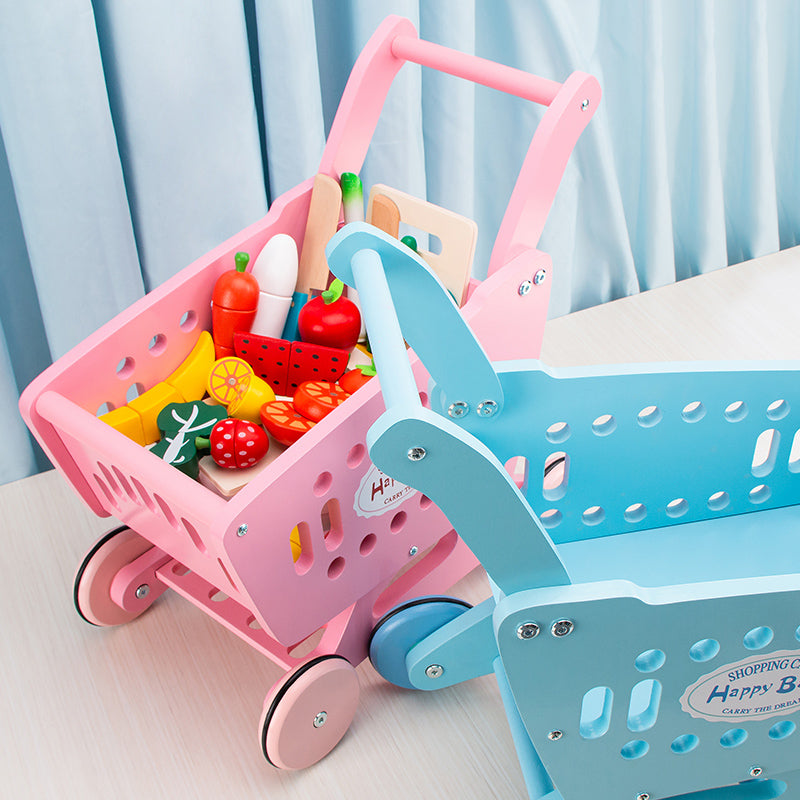 Wooden Shopping Cart with 17 Fruits Set Toys