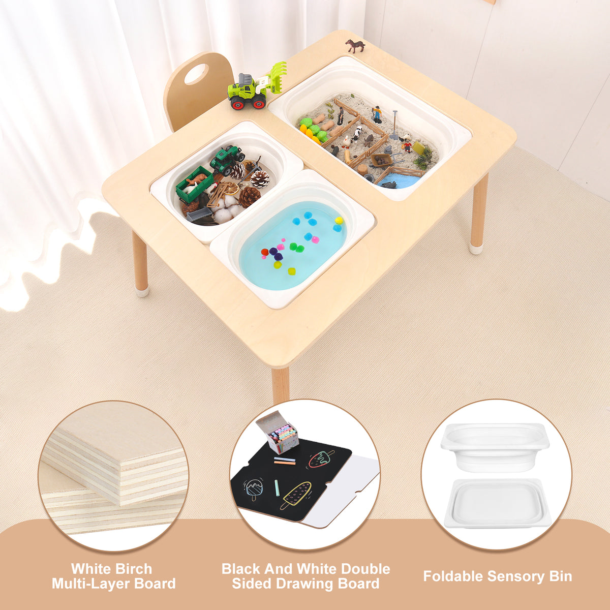 Wooden Sensory Creative Table with 3 Foldable Storage Bins and a Wooden Chair