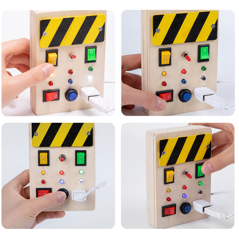 Wooden Light Up, LED, Buttons, Pluggable Wires Busy Board Toy