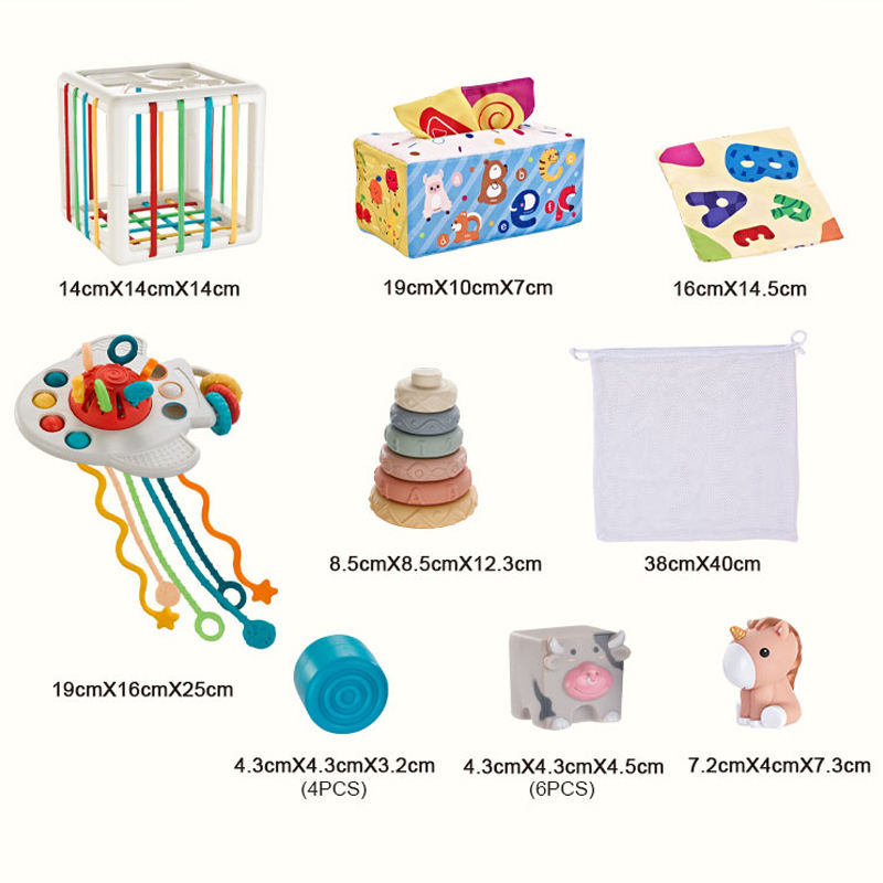 6-in-1 Set Pull String Toy Shape Sorter Montessori Sensory Baby Stacking Toys With Soft Silicone Rubber Stacking Blocks - 34 PCS