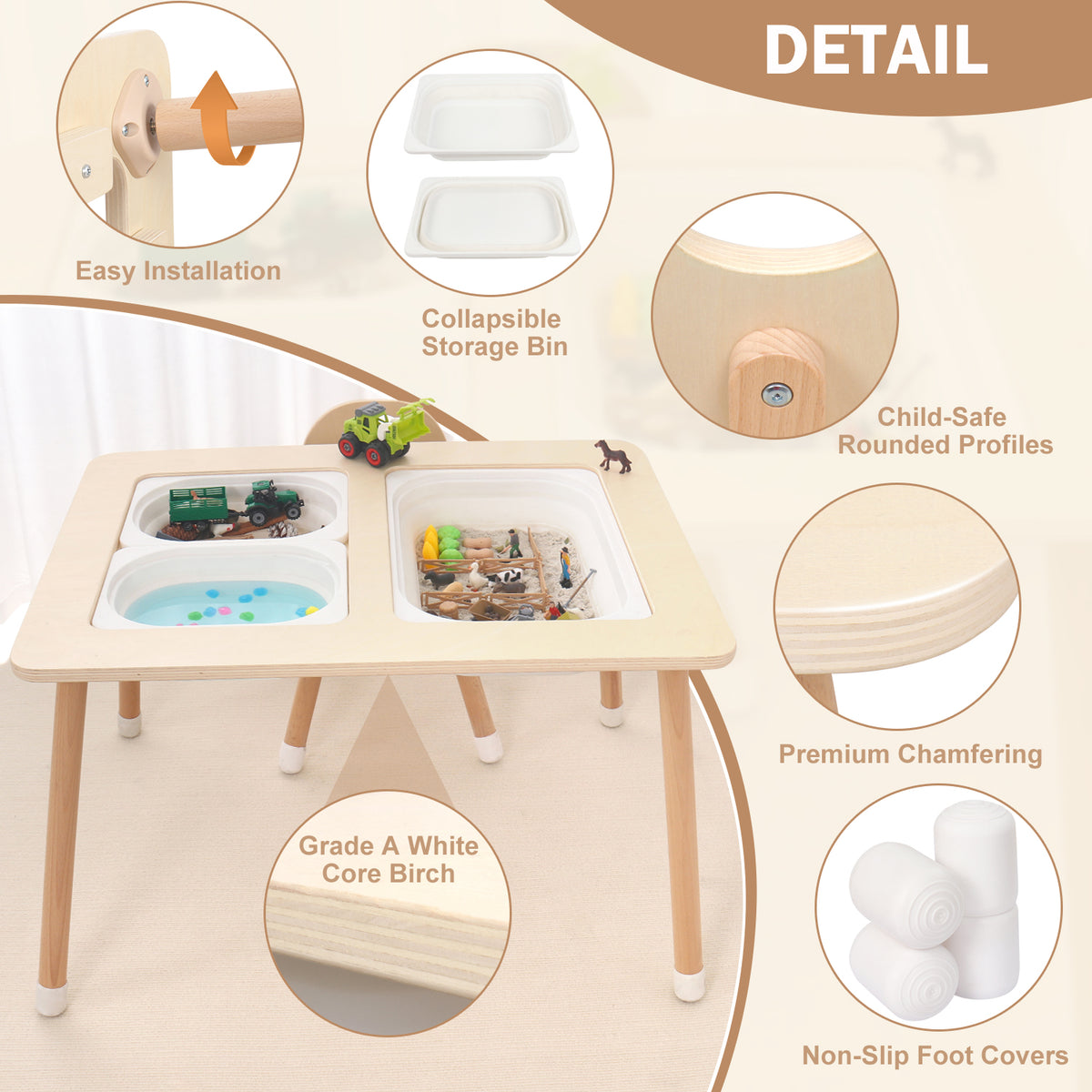 Wooden Sensory Creative Table with 3 Foldable Storage Bins and a Wooden Chair