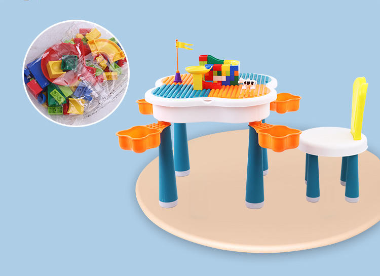 2-in-1 Building Blocks and Reading-Drawing Table and 2 Rabbit-shapped Chair Set