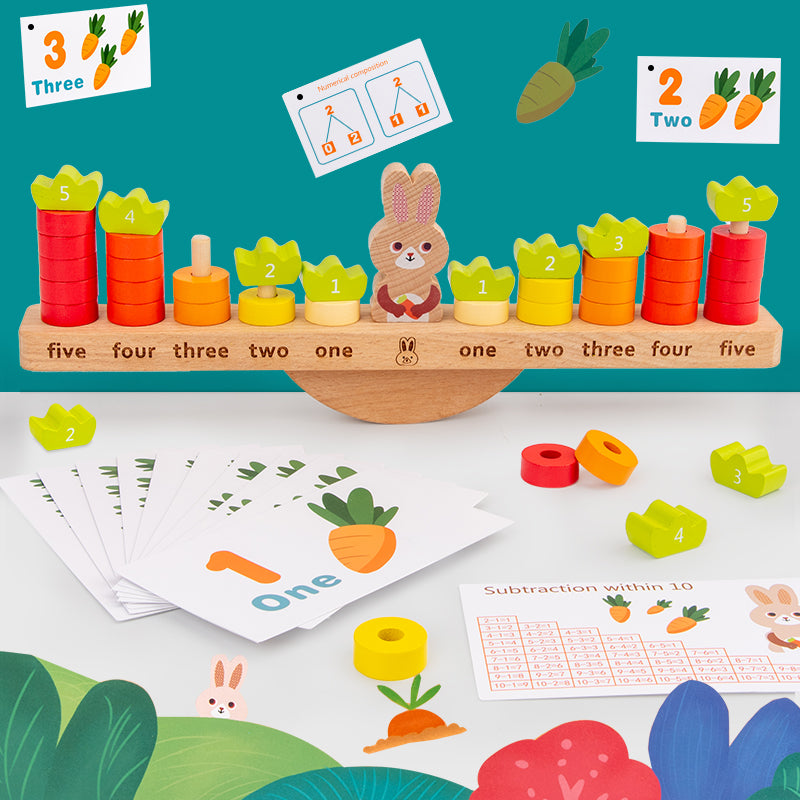Wooden Rabbit Balance Toy with Math Flashcards - Preschool Math Learning Toy