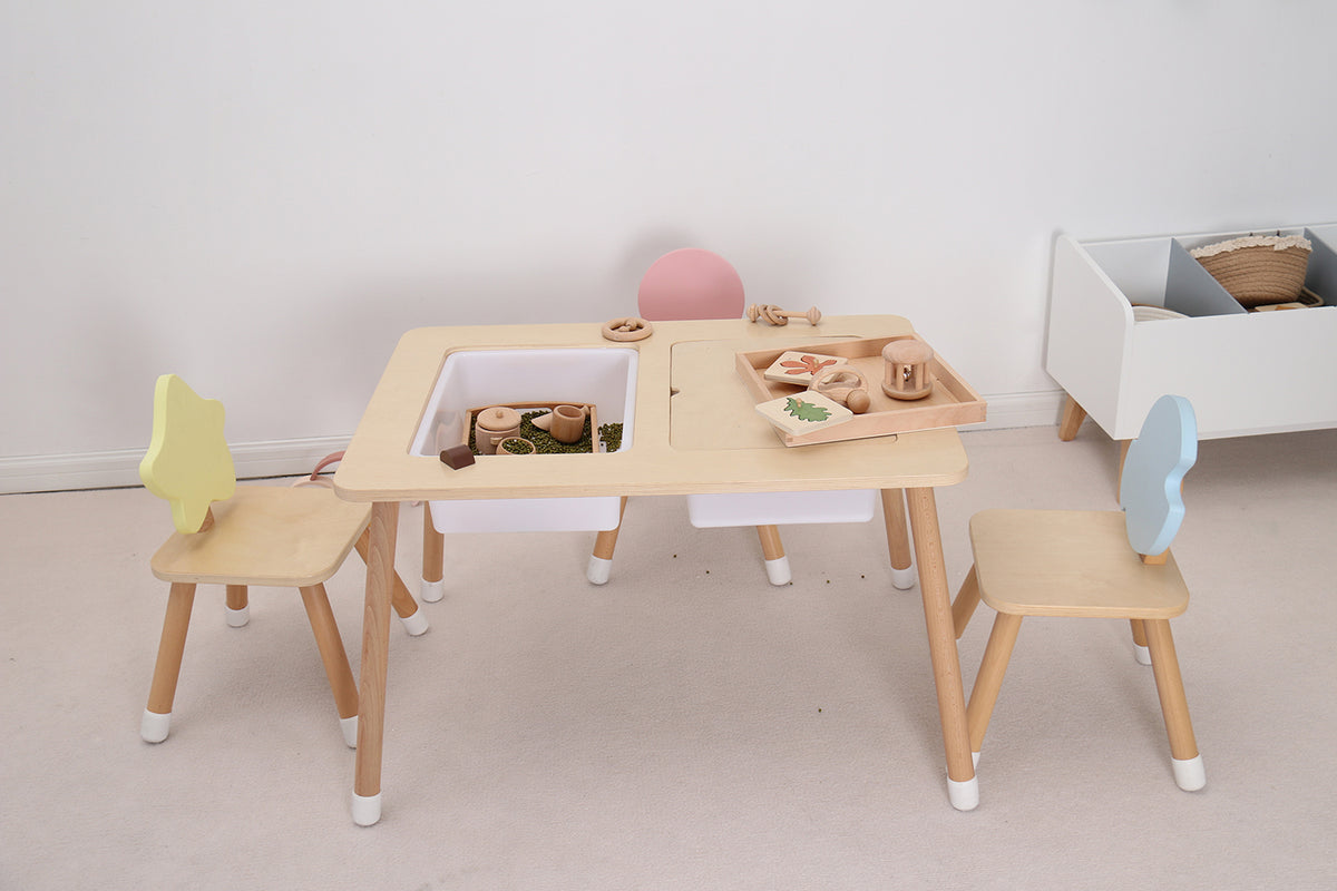 Wooden Sensory Creative Table with 3 Foldable Storage Bins and a Wooden Chair