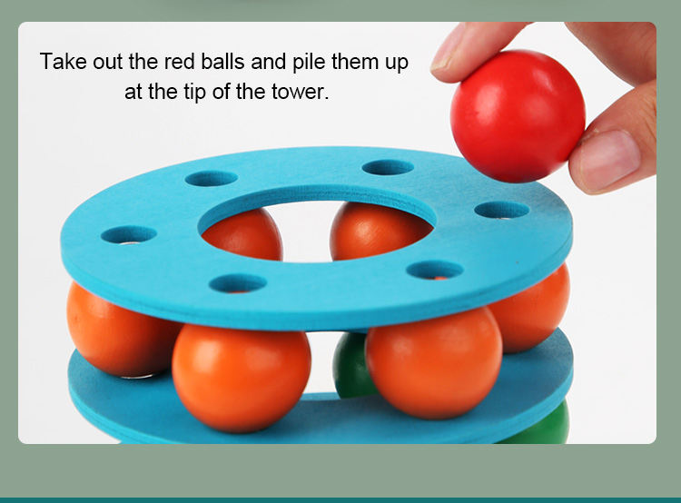 Wooden Rainbow Balls Tower Stack, Color Cognition and Hand-Eye Training Toy