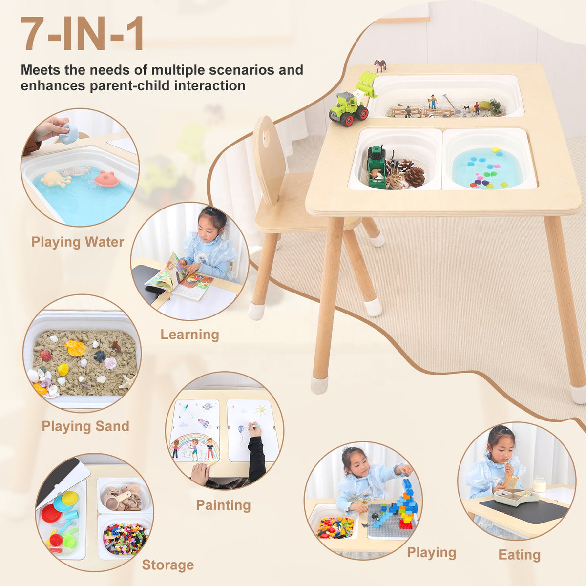 Wooden Sensory Creative Table with 3 Foldable Storage Bins and a Wooden Chair