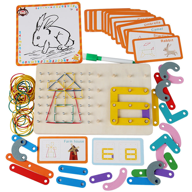 3-in-1 Montessori Geometry Puzzle - Wooden Nail Board for Shape & Color Learning