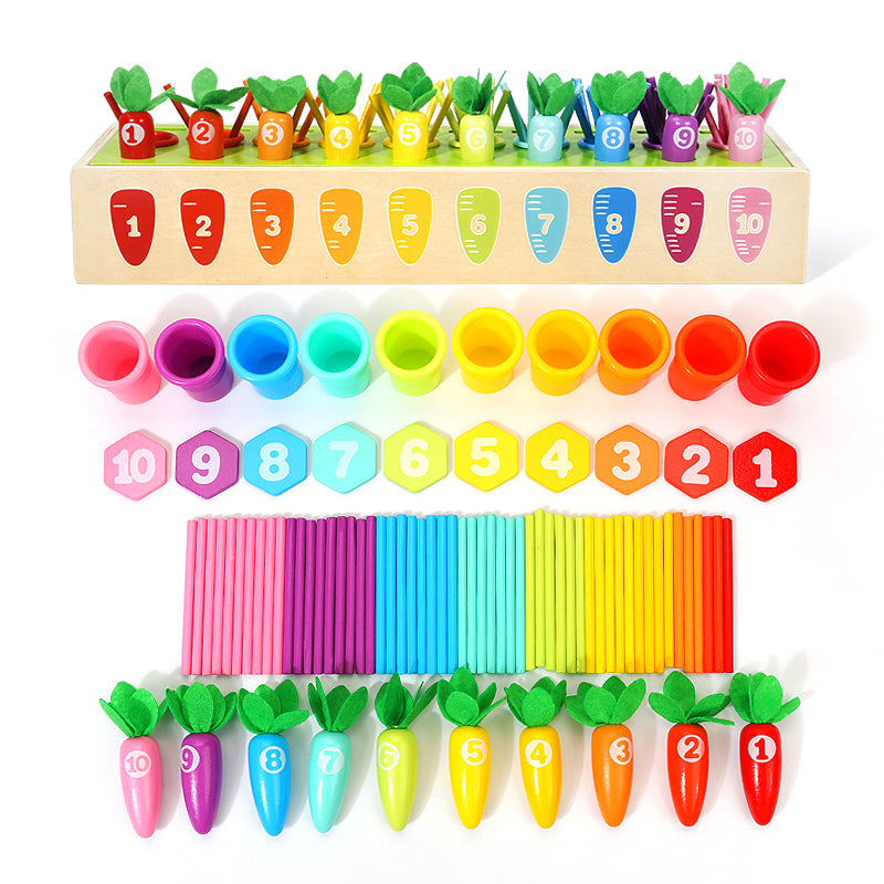 Wooden Pairing Radishes and Numbers Math Learning Set - Number Blocks & Counting Sticks with Sorting Toy