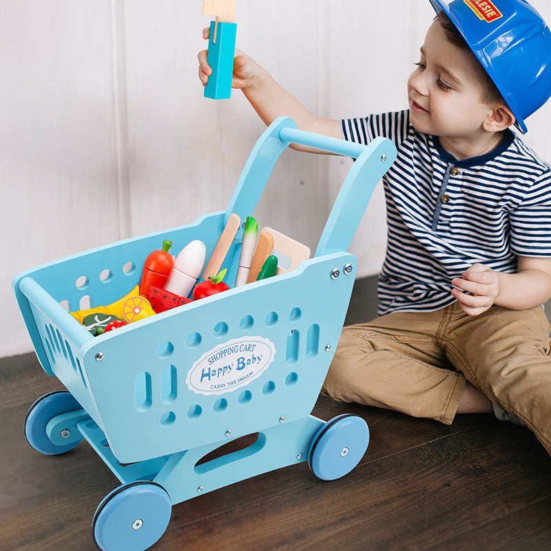 Wooden Shopping Cart with 17 Fruits Set Toys