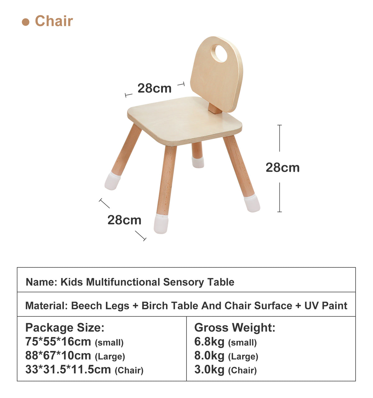 Wooden Sensory Creative Table with 3 Foldable Storage Bins and a Wooden Chair