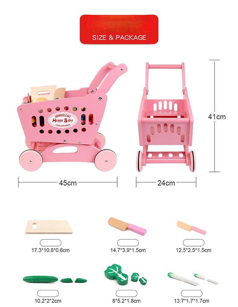 Wooden Shopping Cart with 17 Fruits Set Toys