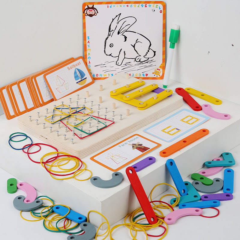3-in-1 Montessori Geometry Puzzle - Wooden Nail Board for Shape & Color Learning