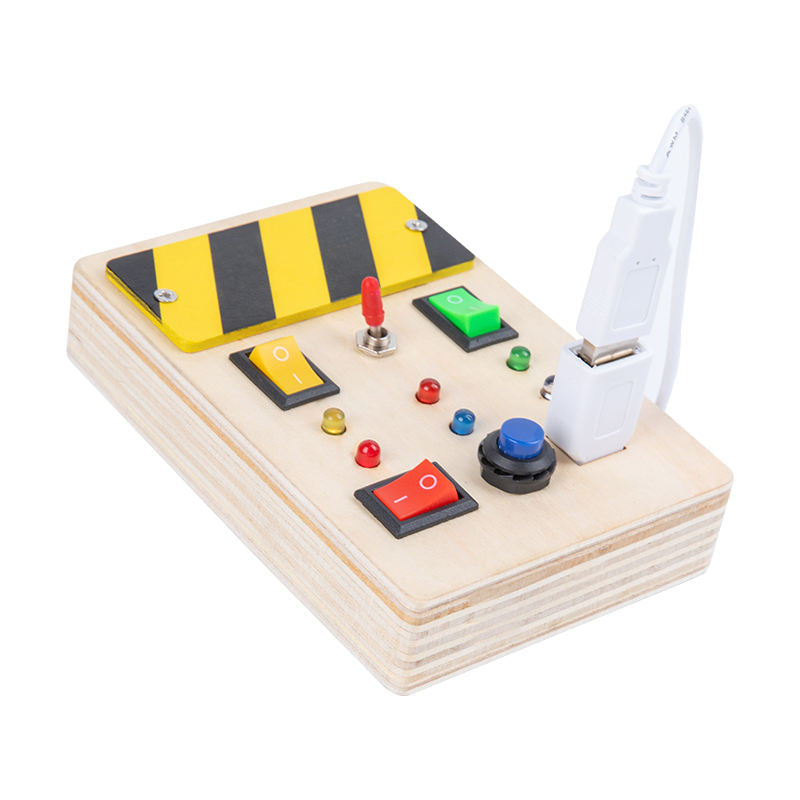 Wooden Light Up, LED, Buttons, Pluggable Wires Busy Board Toy