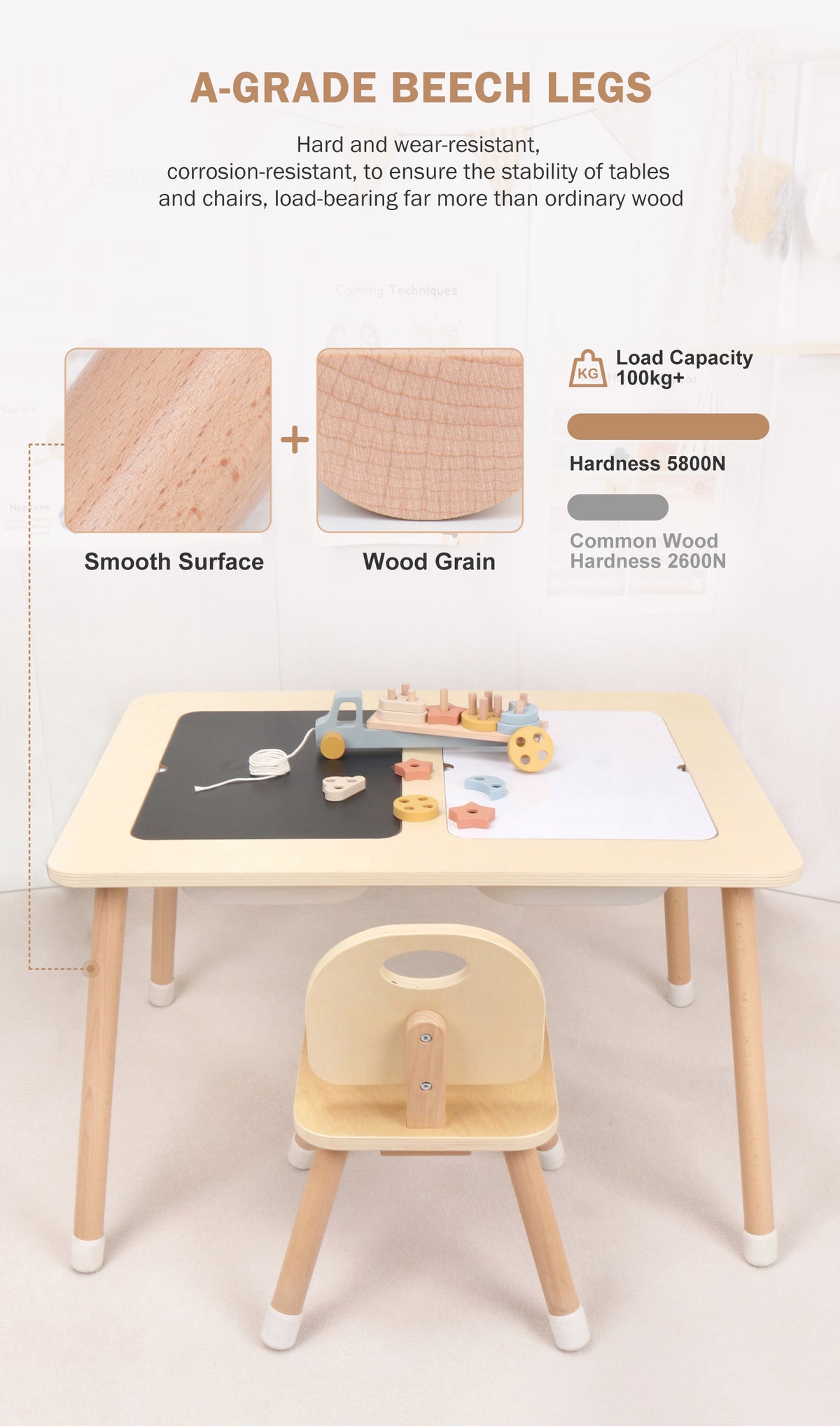 Wooden Sensory Creative Table with 3 Foldable Storage Bins and a Wooden Chair