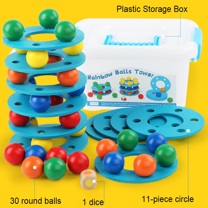 Wooden Rainbow Balls Tower Stack, Color Cognition and Hand-Eye Training Toy