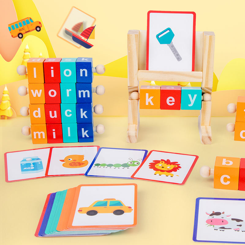 Wooden Spelling Blocks Turning Rotating Matching Letters Toy