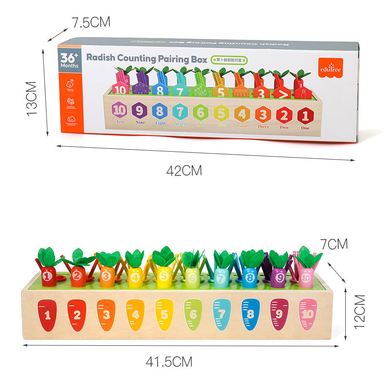 Wooden Pairing Radishes and Numbers Math Learning Set - Number Blocks & Counting Sticks with Sorting Toy