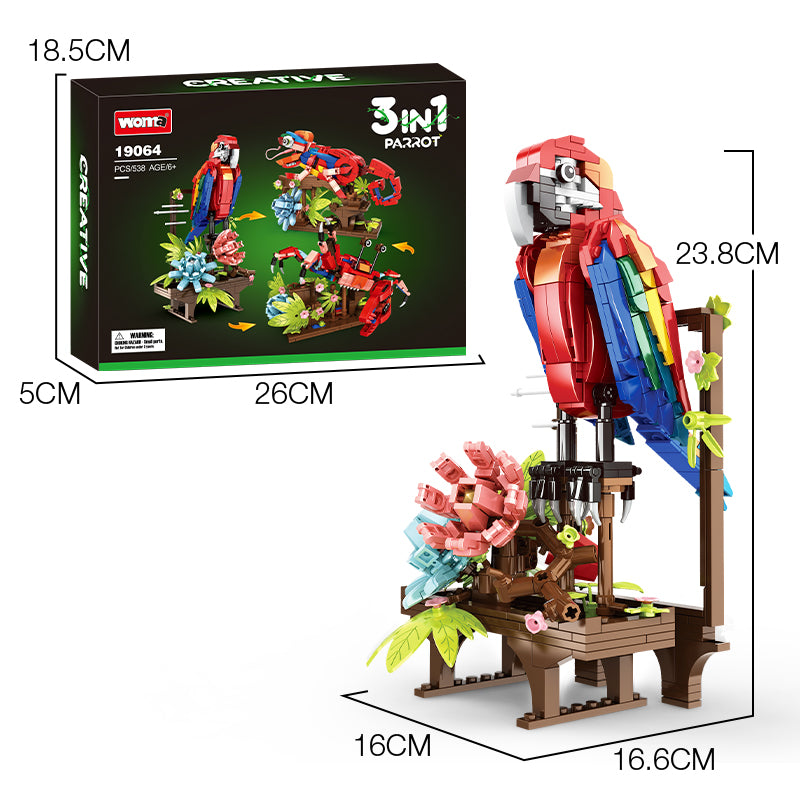 Parrot & Crab & Chameleon Model Kids Transform Animal 3 in 1 Building Block Set Plastic ABS Toys Animal