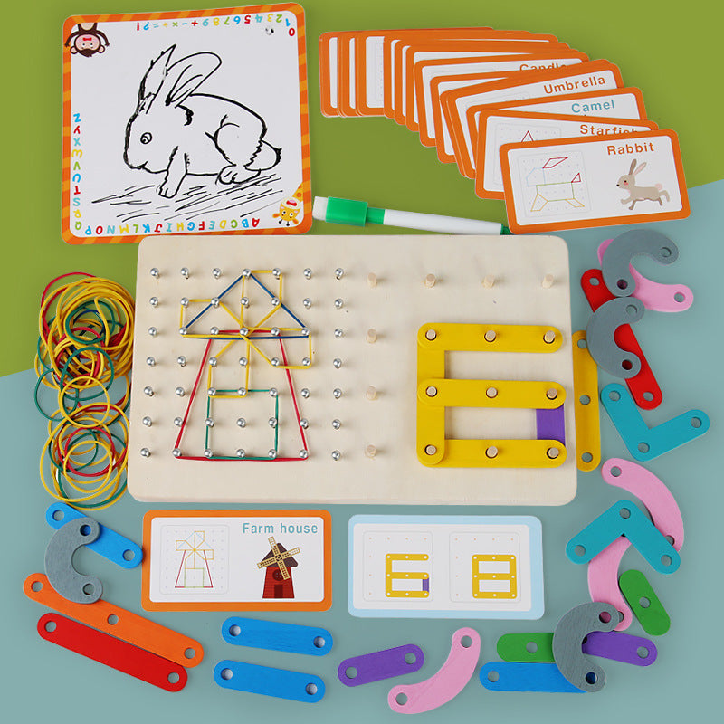 3-in-1 Montessori Geometry Puzzle - Wooden Nail Board for Shape & Color Learning