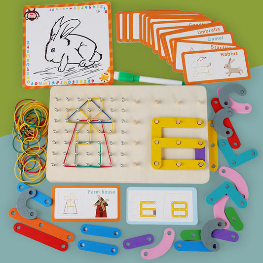 3-in-1 Montessori Geometry Puzzle - Wooden Nail Board for Shape & Color Learning