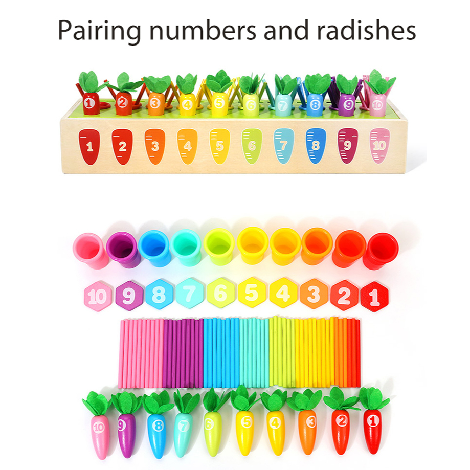 Wooden Pairing Radishes and Numbers Math Learning Set - Number Blocks & Counting Sticks with Sorting Toy