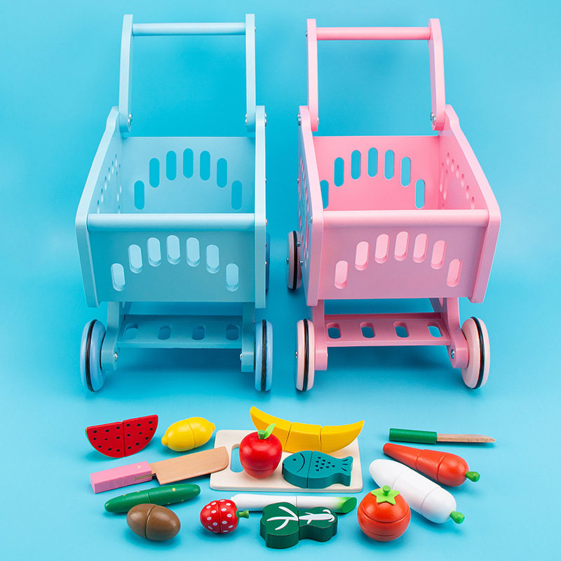 Wooden Shopping Cart with 17 Fruits Set Toys