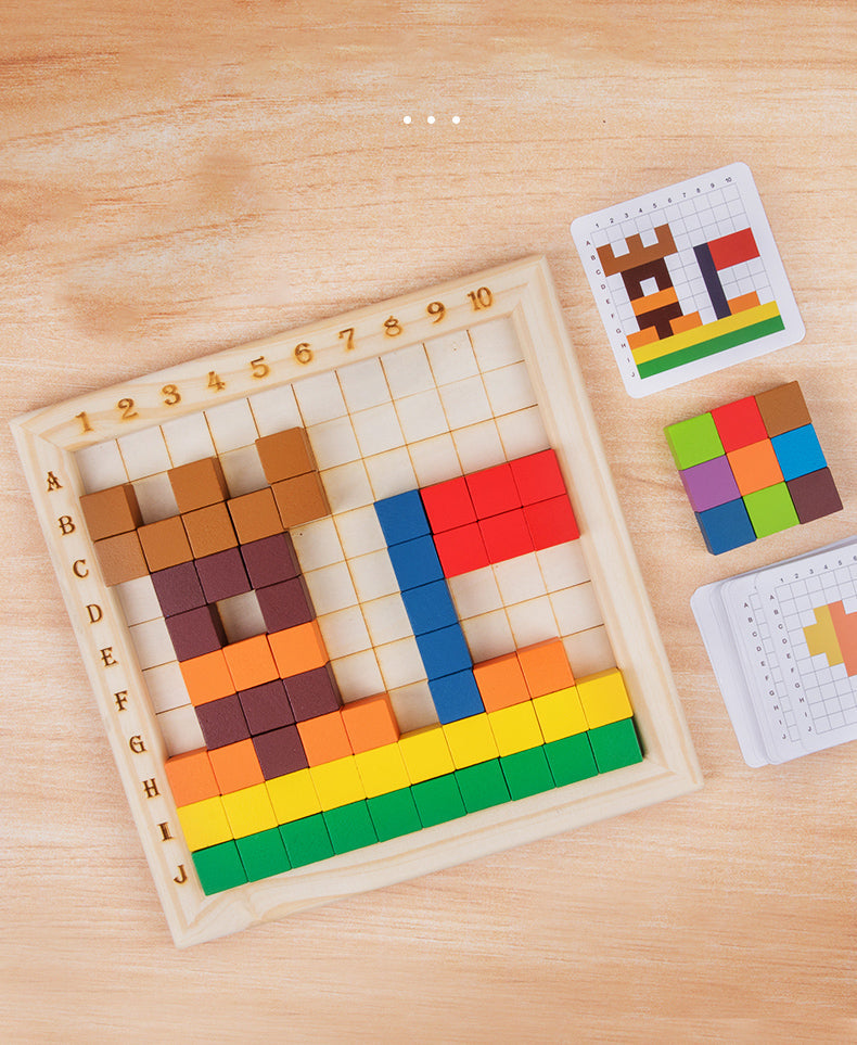 Preschool Educational Learning Set: Colorful Wooden Cubes and Building Blocks with Cards