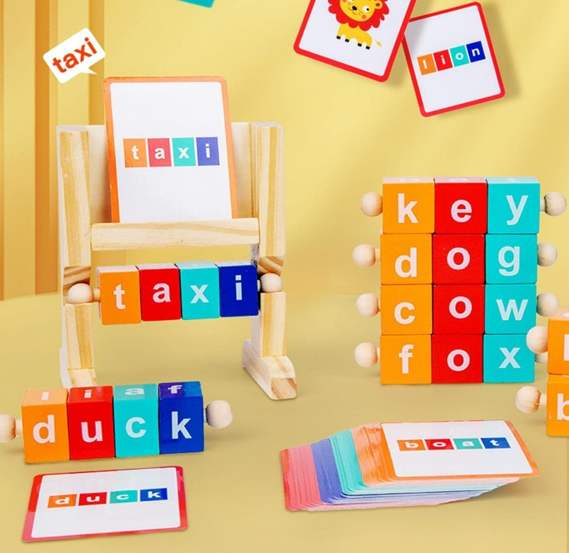 Wooden Spelling Blocks Turning Rotating Matching Letters Toy