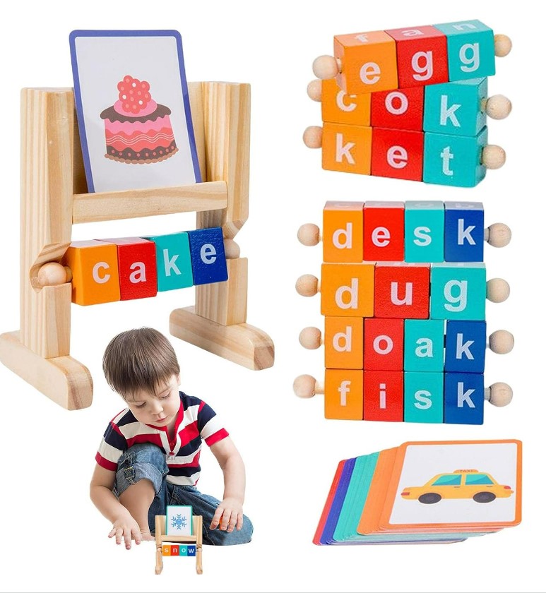 Wooden Spelling Blocks Turning Rotating Matching Letters Toy