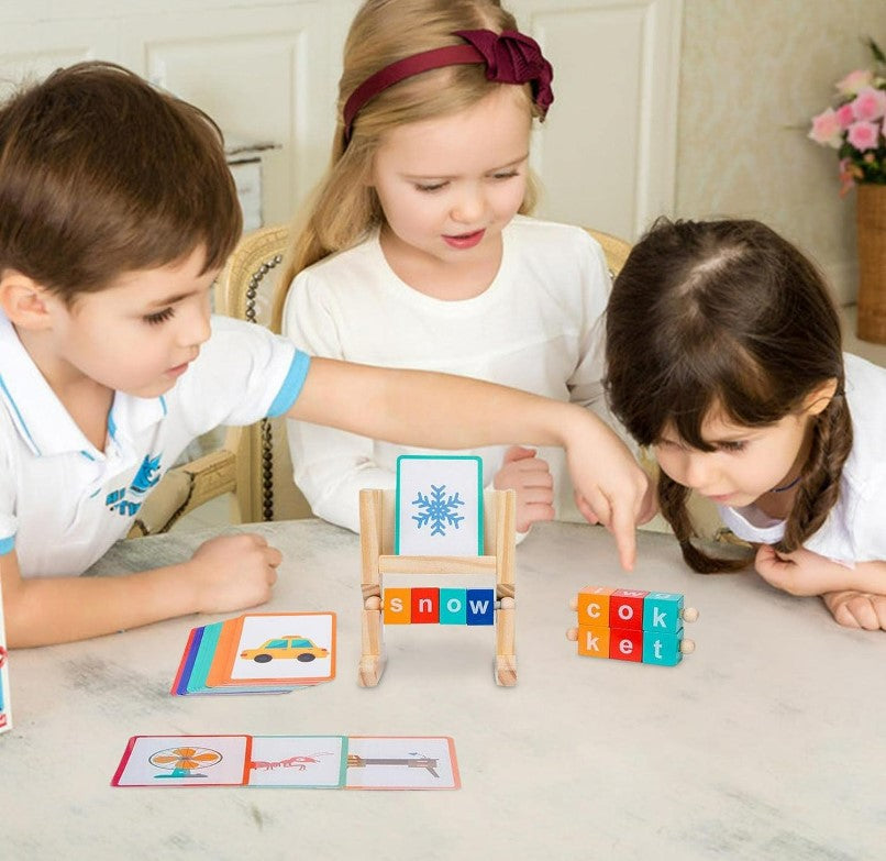 Wooden Spelling Blocks Turning Rotating Matching Letters Toy