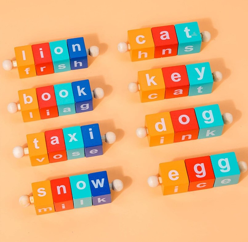 Wooden Spelling Blocks Turning Rotating Matching Letters Toy