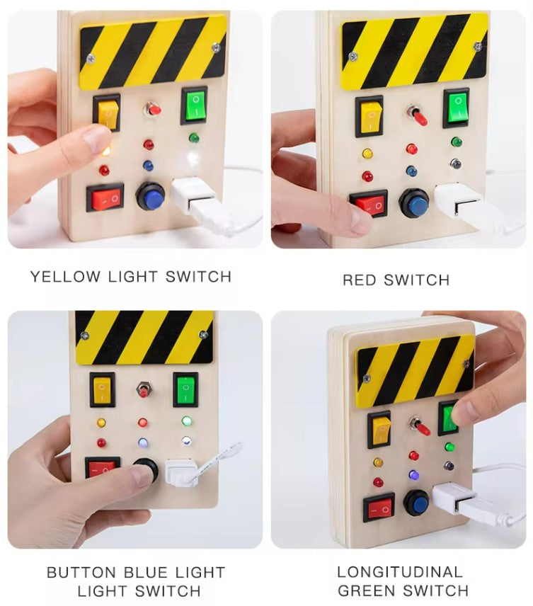 Wooden Light Up, LED, Buttons, Pluggable Wires Busy Board Toy