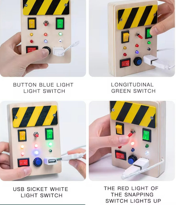 Wooden Light Up, LED, Buttons, Pluggable Wires Busy Board Toy