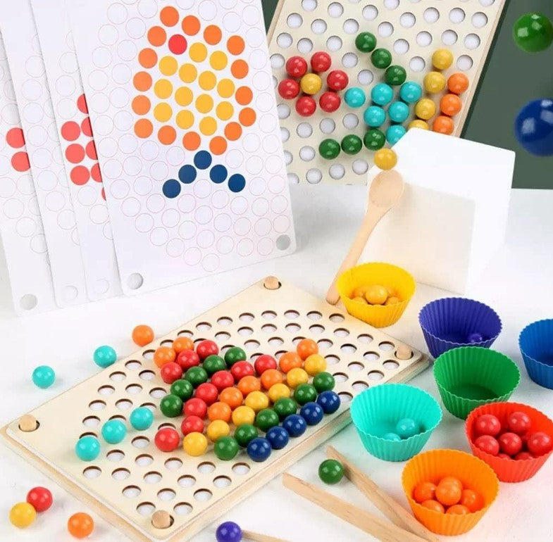 Rainbow Montessori Wooden Toys Clip Beads Puzzle Board Matching Game