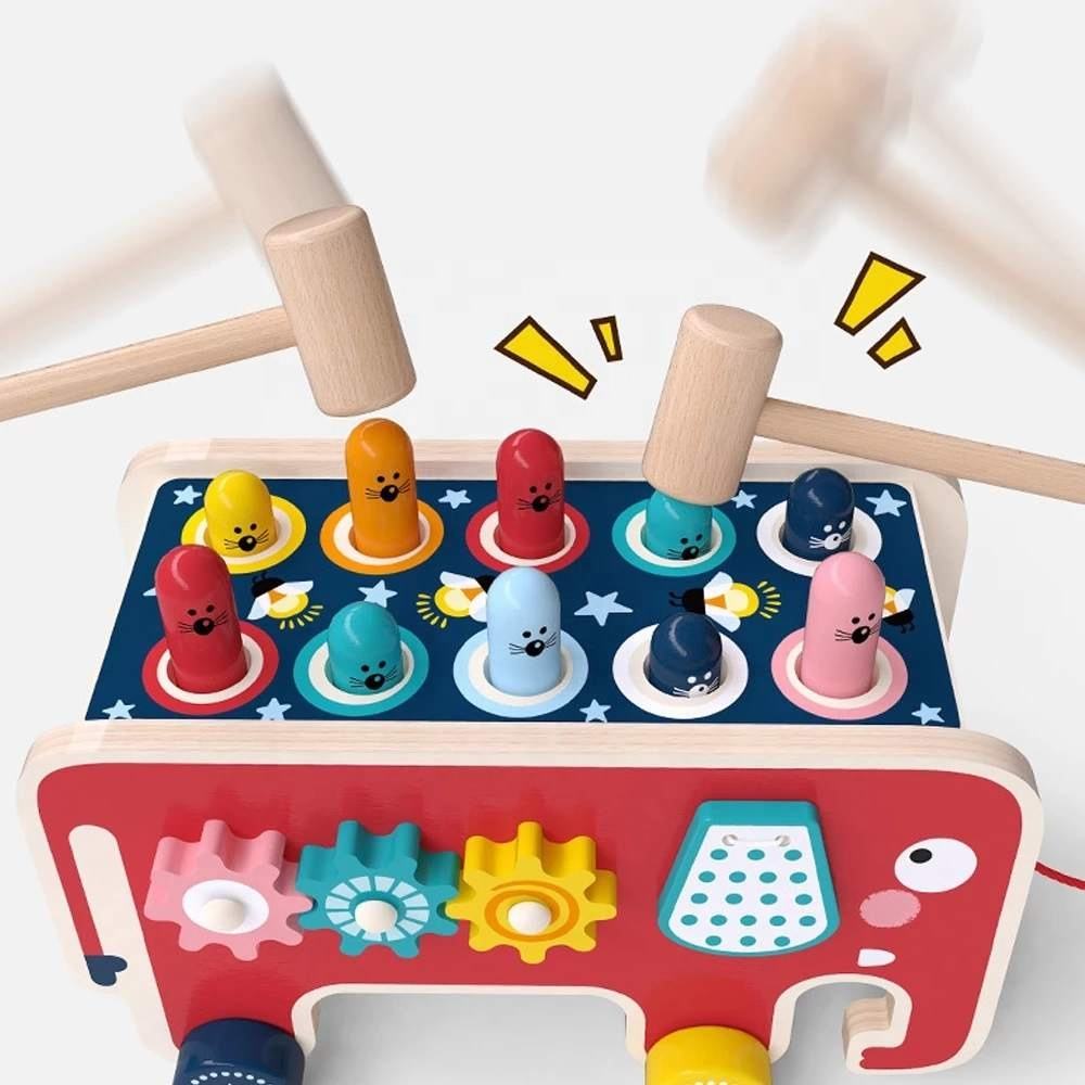 2-in-1 Colorful Wooden Hit-A-Mole, Knocking Hamster, And Movable Bus Toy