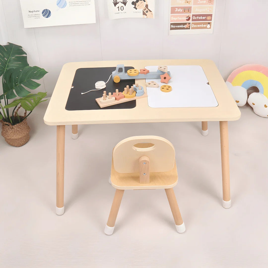 Wooden Sensory Creative Table with 3 Foldable Storage Bins and a Wooden Chair