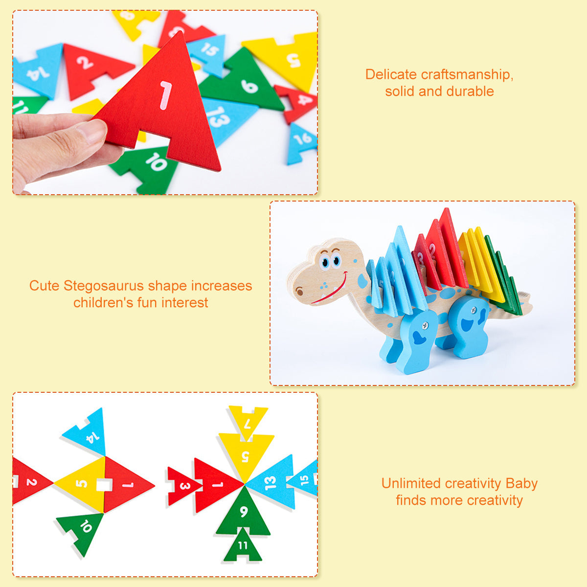 Wooden Dinosaur Color, Shapes, and Number Recognition Puzzles